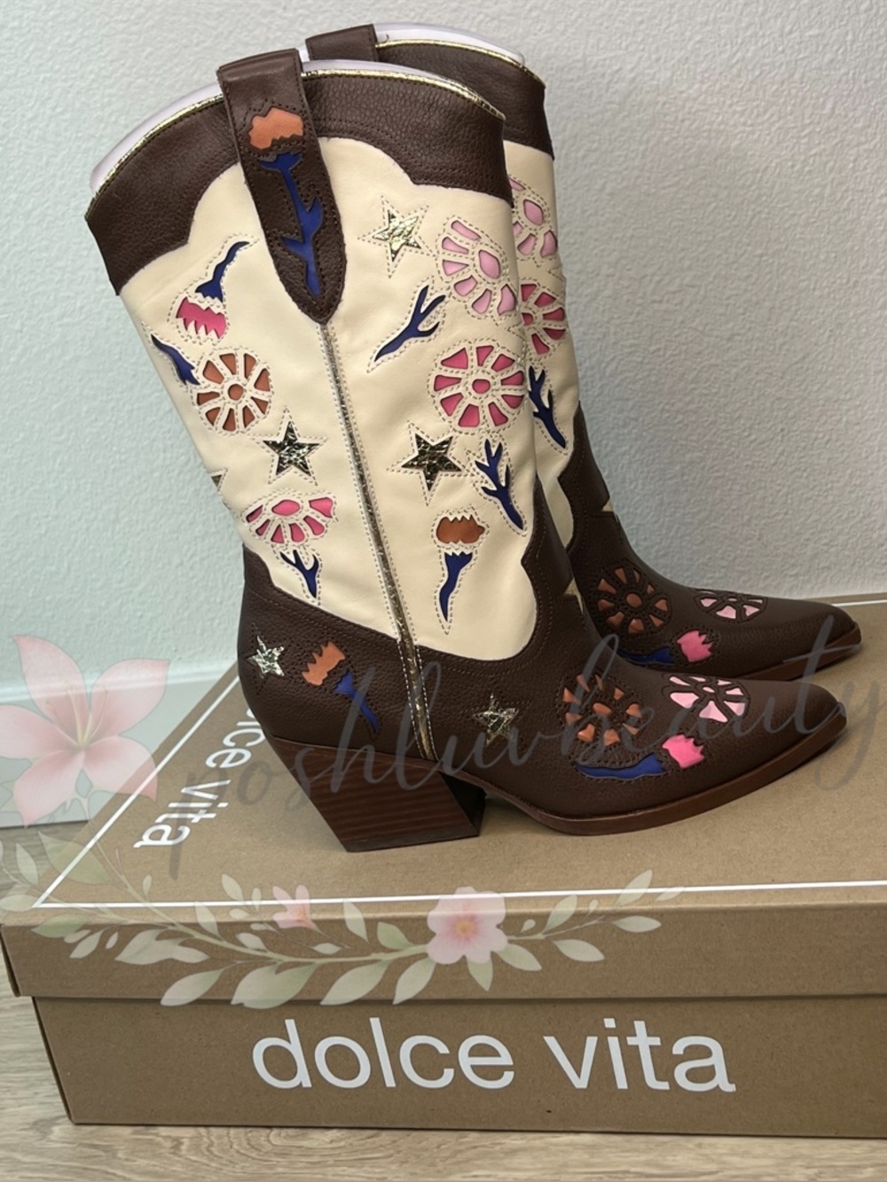 Dolce Vita Floral Cutout Western Cowboy Boots Heeled Leather 7.5 NWT - Picture 2 of 8